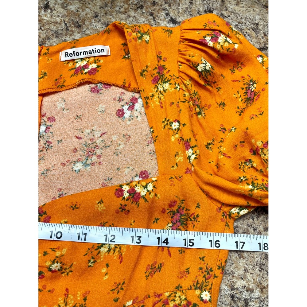 Reformation Lacey Dress Orange Ditsy Floral Puff Sleeve Midi Slit Size 6 - Picture 9 of 13